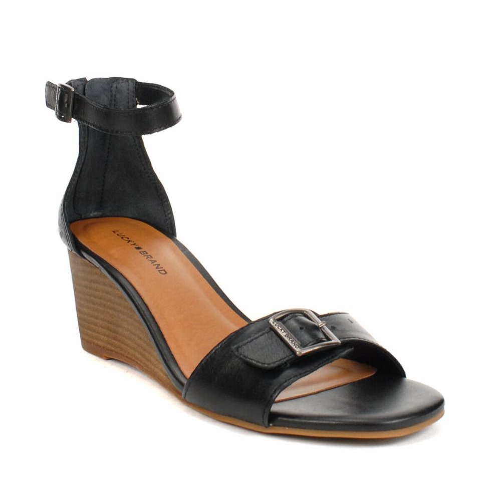 Lucky Brand Jodella Black Leather Wedge Sandals